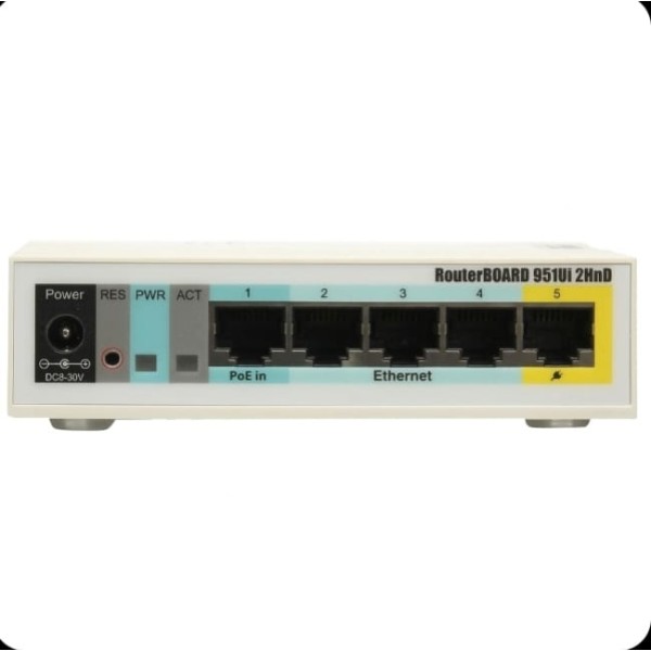 راوتر MikroTik RB951UI-2HnD هو جهاز شبكات احترافي يأتي بـ 5 منافذ LAN، ويدعم سرعة واي فاي تصل إلى 300 ميجابت في الثانية على تردد 2.4GHz، مما يجعله مناسبًا للاستخدام في المنازل والمكاتب الصغيرة لتوفير اتصال إنترنت مستقر وسريع.