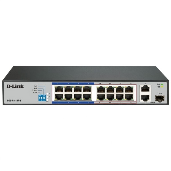 D-Link DES-F1016P-E Unmanaged Rackmount Switch 16 Ports PoE 10/100Mbps + 1 Port SFP 10/100/1000Mbps